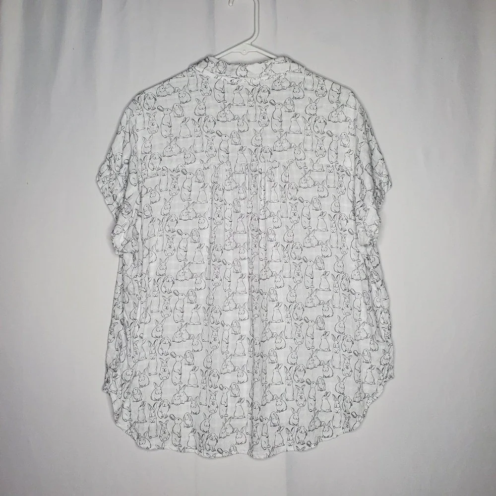 Jane Delancey White Rabbit Button Shirt Lightweight Boxy Beachy Bunny Spring - Picture 2 of 10